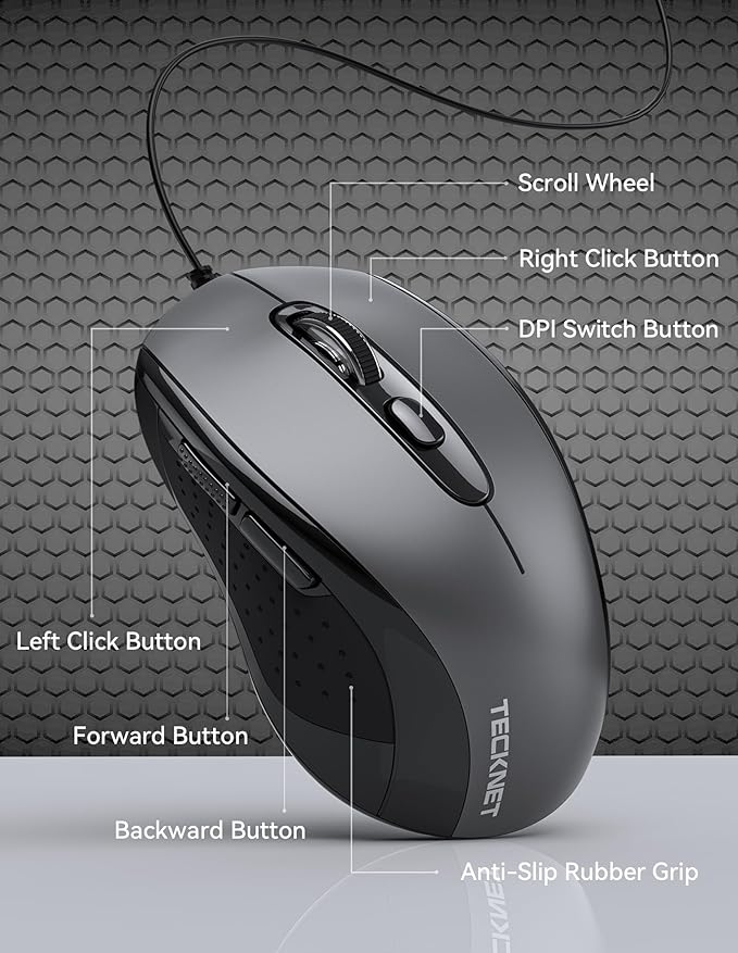 TECKNET Computer Wired Mouse, USB Mice for Laptop with 6-Button, 3600DPI Optical PC Wired Mouse, Home and Office 5FT USB-A Corded Comfortable Mice, Plug & Play, NO Battery Required-Grey