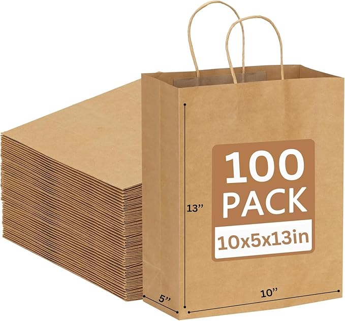 JET PAPER BAGS - 10”x5”x13” Inch [100 Pcs] Brown Paper Bags with Handles Prime for Takeout, Grocery, Goody, Retail, Party, Gifts, Weddings - Recyclable Kraft Paper Gift Bags with Handles