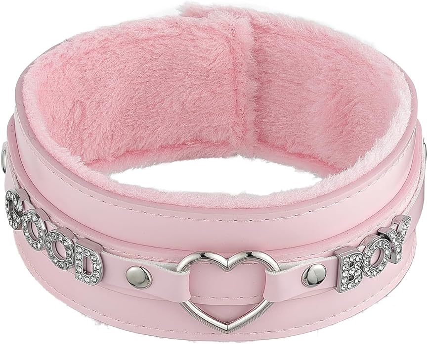 Pink Furry Heart O-ring Leather Choker Collar For Women, Handmade Punk Gothic Letter Necklace Adjustable Fashion Jewelry