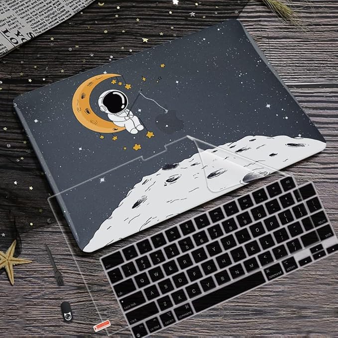 for MacBook Air 13 inch Case 2021 2020 2019 2018 Release M1 A2337 A2179 A1932 Retina Display with Touch ID, Shiny Plastic Hard Shell Case Keyboard Cover Screen Protector, Astronaut Moon