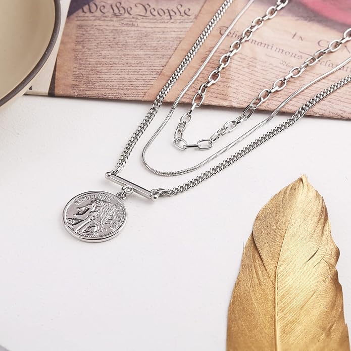 LANE WOODS Gold Plated Necklaces for Women - Multilayer Coin Medallion Pendant Necklace Adjustable Layering Choker Necklaces Chain Set Jewelry