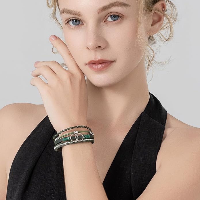 FANCY SHINY Boho Leather Wrap Bracelet Stackable Infinity Chunky Cuff Bracelets Western Hippie Outfits Jewelry Valentine Gifts for Women