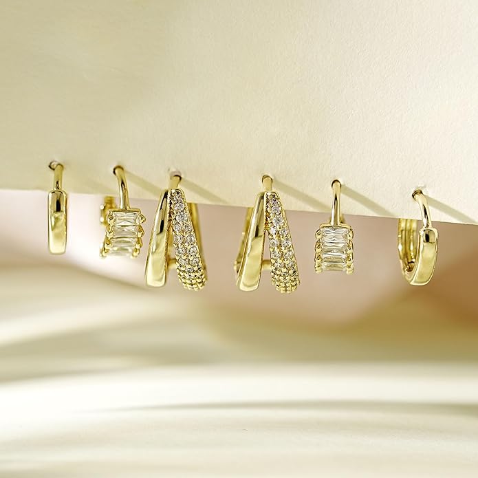 4Pairs Statement Gold Hoop Earrings for Women Trendy,Surgical Steel Gold Plated Hoop Hypoallergenic Earrings Set,Titanium Hoops Earring Stacks,CZ Cartilage Huggie Hoops Earring Gifts for Girlfriend