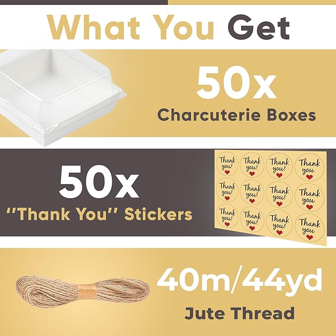 50 Pack Small Charcuterie Boxes with Clear Lids - To Go Paper Mini Charcuterie Box, Disposable Food Containers, 5Inch Dessert Boxes - Sandwich, Cookie, Sushi, Cake Slice, Strawberries (White)