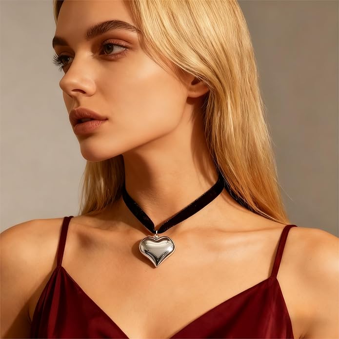 Black Cord 18K Gold Plated/Silver Heart Choker Necklace | Hypoallergenic Vibrant All-match Attractive Black String Love Necklace | Ingenious Design Emo Choker Necklace for Ladies