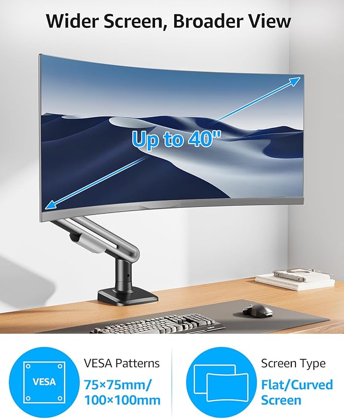 MOUNTUP Single Monitor Desk Mount for 4.4-26.5lbs, Heavy Duty Monitor Arm for 40 39 37 34 32 27inch, Full-Motion Monitors Stand, Height Adjustable Gas Spring Monitors Arm with C-Clamp＆Grommet Base
