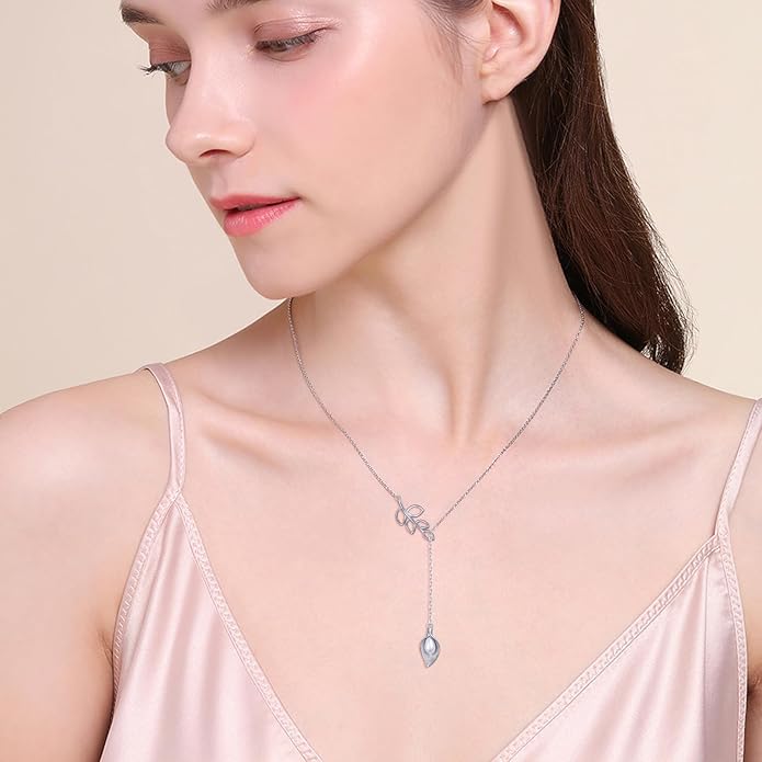 Long Necklace Sterling Silver Larait Bar Y Lariat Long Chain Drop Adjustable Necklace Gift for Her, 30"