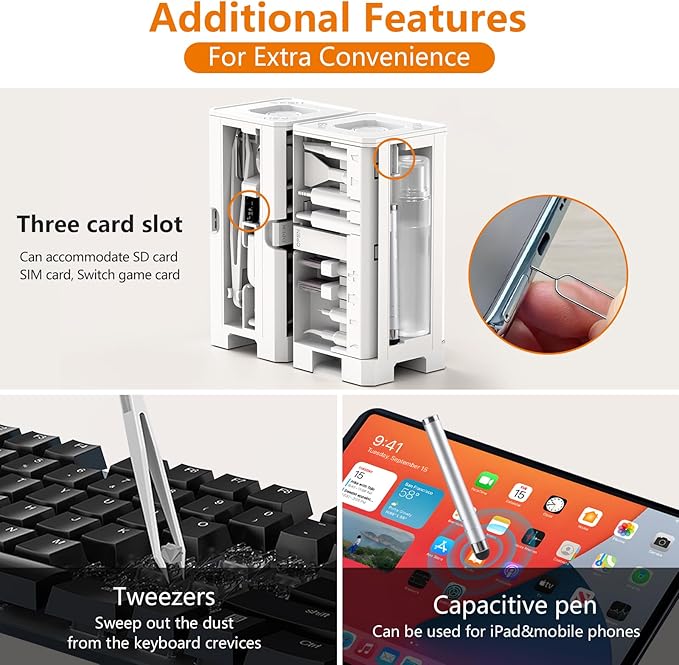 Cell Phone Cleaning Kit,iPhone Cleaning Kit for Charging Port Cleaner Keyboard Cleaning Kit for Airpods/Android/USB C/Earbuds/Laptop/iPad Screen with Stylus Pen,SIM Tool(White, with Putty and Cloth)