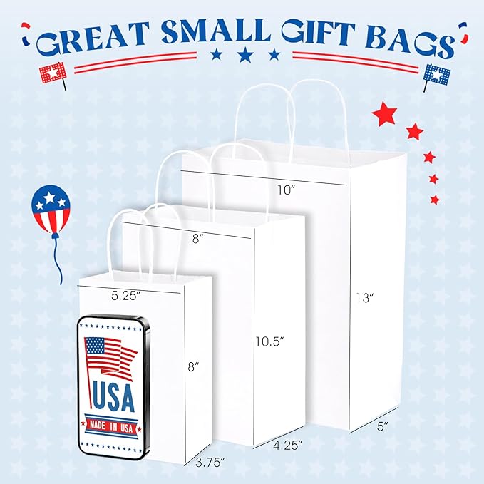 MESHA Gift Paper Bags 300 PACK 5.25x3.75x8'' White Small Shopping Kraft Bags Bulk with Handles Reusable for Business Grocery Birthday Wedding Kids Party Favors(Made in USA)