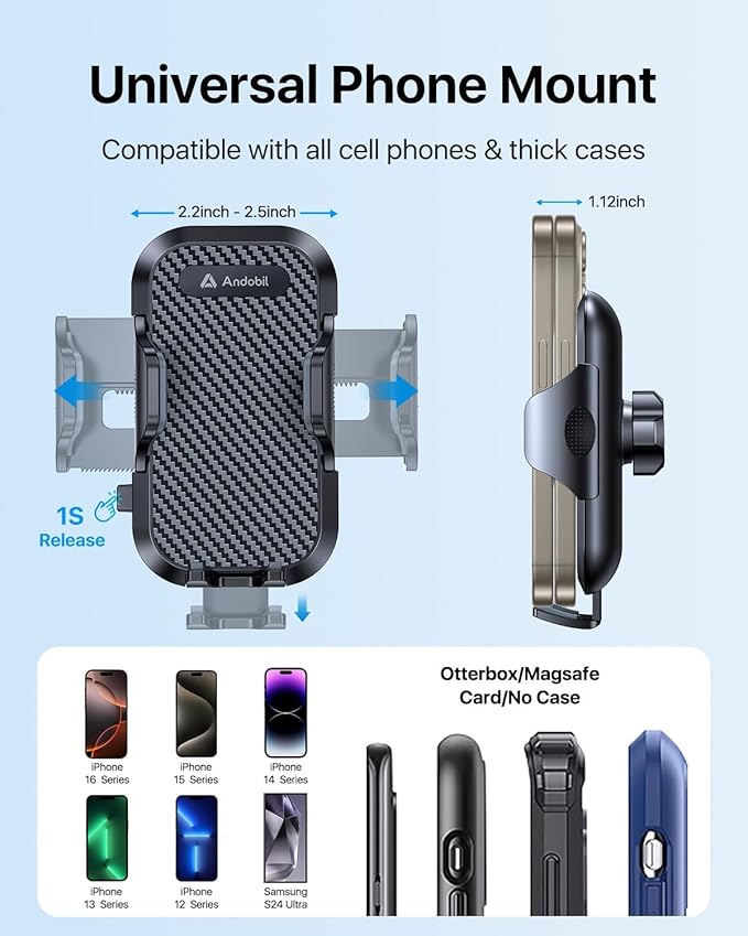 andobil Phone Holders for Your Car - Air Vent Phone Mount, Ultra-Stable Metal Clip with Anti-Shake & 360° Rotation, Universal Car Mount Fit iPhone 16/15/14/13/12 Pro Max/Android/Samsung Galaxy