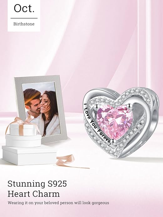 Heart Birthstone Charms for Bracelets, 925 Sterling Silver Women Bead Charms for Charm Bracelets Necklace, Mother's Day Birthday Anniversary Jewelry Gifts for Wife Mom Grandma Daughter