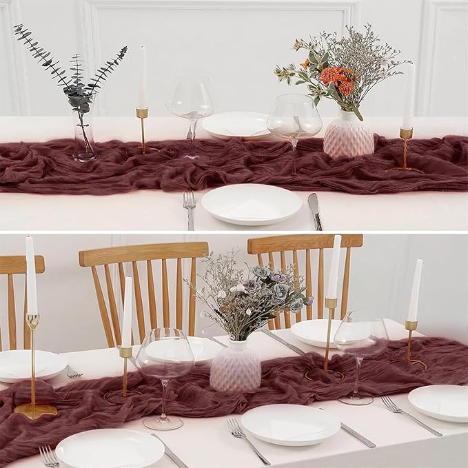 2 Pack 10 Ft Cheesecloth Table Runner Burgundy Gauze Long Table Runners Boho Gauze Cheese Cloth Table Runner Rustic Sheer Runner for Wedding Party Table Decor ( 35 x 120 Inch )