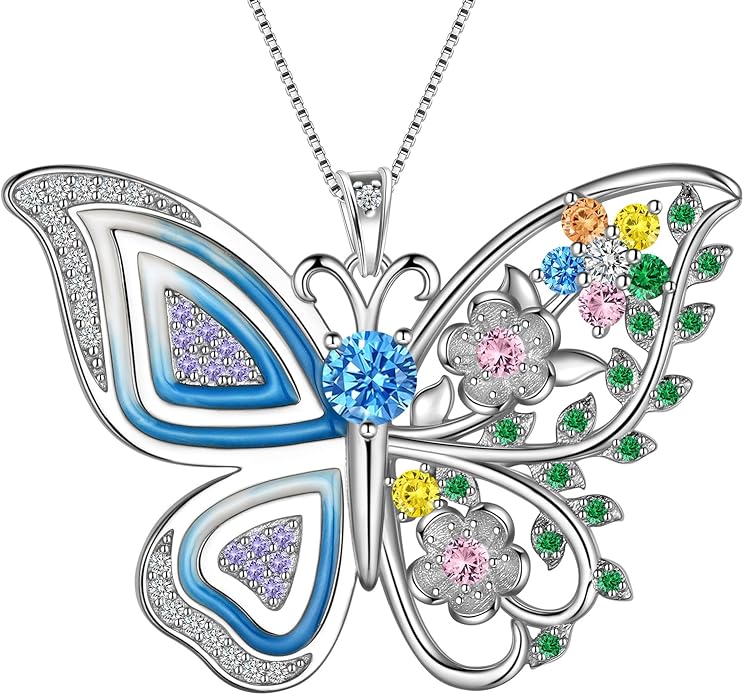 Aurora Tears 925 Sterling Silver Butterfly Flower Pendant Necklace - Colorful Enamel Zircon Adjustable Chain Jewelry Gift for Women Her