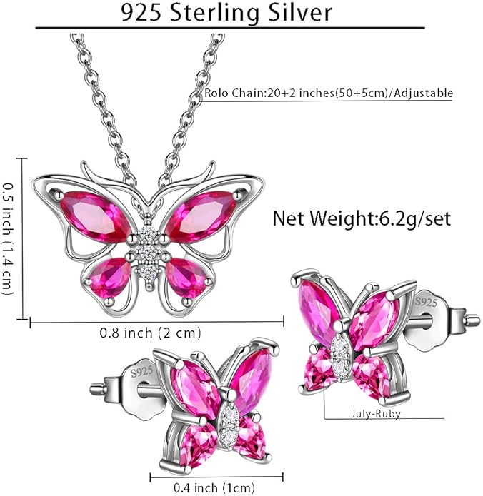925 Sterling Silver Birthstone Butterfly Jewelry Women Crystal Animal Cute Butterflies Birthday Necklace/Earring/Ring/Bracelet Sets Birth Stone Statement Anniversary Jewellery