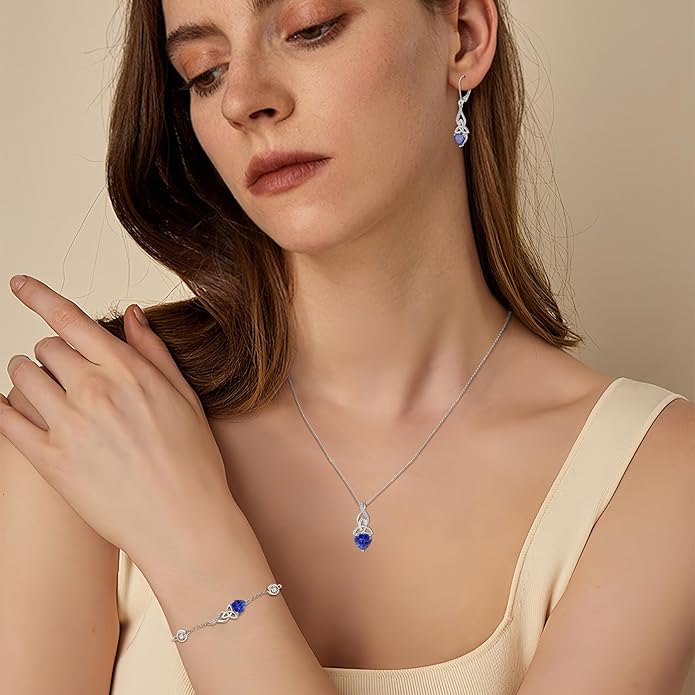 Infinity Celtic Knot Jewelry Set for Women 925 Sterling Silver Irish Necklace Tanzanite Dangle Drop Leverback Earrings and Bracelet December Birthstone Jewelry Gifts for Her