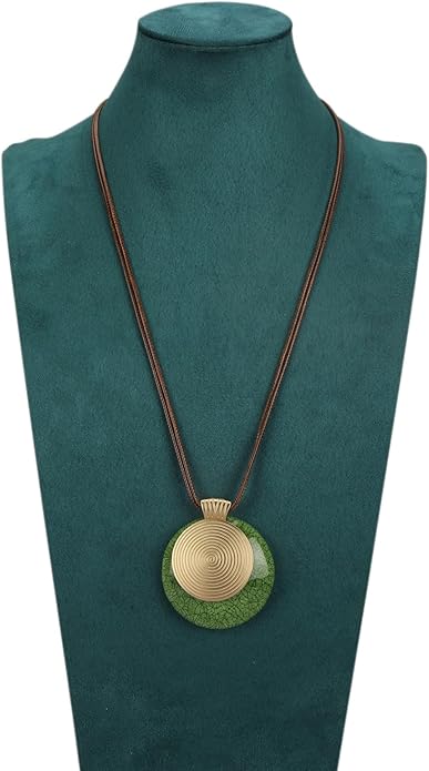 Boho Leather Necklace Women Bohemian Brown Circle Pendant Necklace Choker Long Necklaces for Women Boho Ring Large Pendant