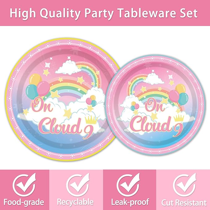 96PCS On Cloud 9 Plates and Napkins Party Supplies On Cloud 9 Birthday Decorations for Girls 9th Birthday Cloud 9 Themed Disposable Tableware Set Serve 24 Guests