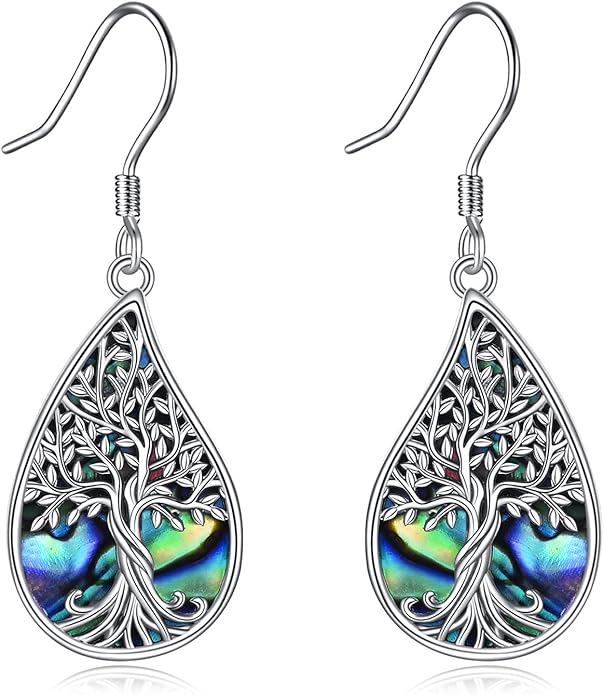 Tree of Life Earrings Sterling Silver Celtic Tree of Life Abalone Shell Dangle Drop Earrings for Women Jewelry