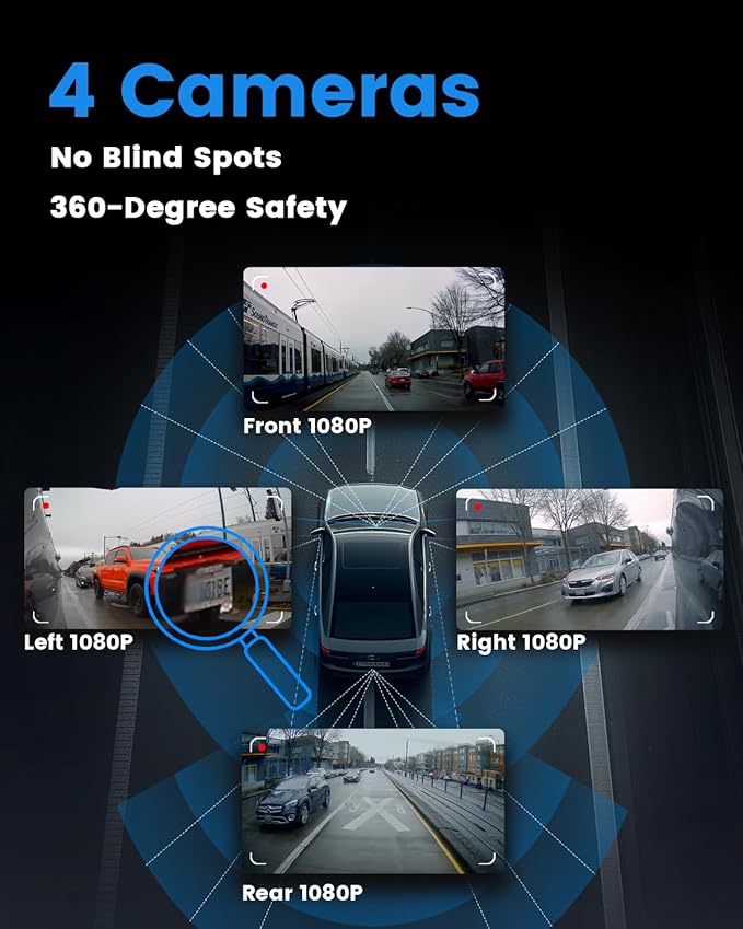 Sprleaf 4-Channel Dash Cam with Front and Rear Cameras, 360° Dashcam,128GB Card Included, 5G Wi-Fi and App Control, Night Vision, WDR, 24-Hour Parking Mode, Collision Detection