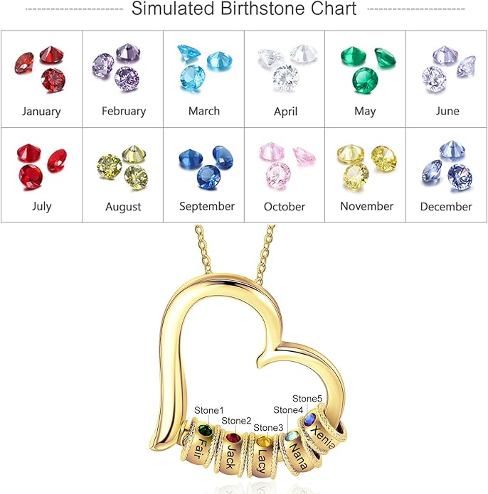 Personalized Women's Pendant Necklace 925 Sterling Silver with 1-5 Simulated Birthstone Names Customized Heart Shape Cubic Zirconia Necklace