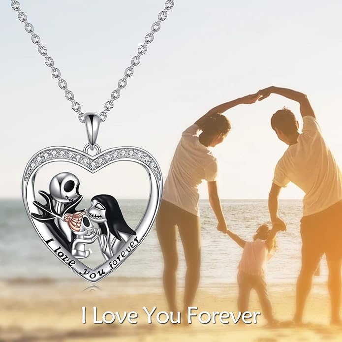 LILALO Nightmare Necklace Sterling Silver Abalone Shell Crystal Jack and Sally Necklace Jack Skellington Skull Jewelry Skull Necklaces for Women