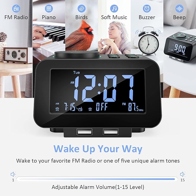 uscce Digital Dual Alarm Clock Radio - 0-100% Dimmer with Weekday/Weekend Mode, 6 Sounds Adjustable Volume, FM Radio w/Sleep Timer, Snooze, 2 USB Charging Ports, Thermometer, Battery Backup