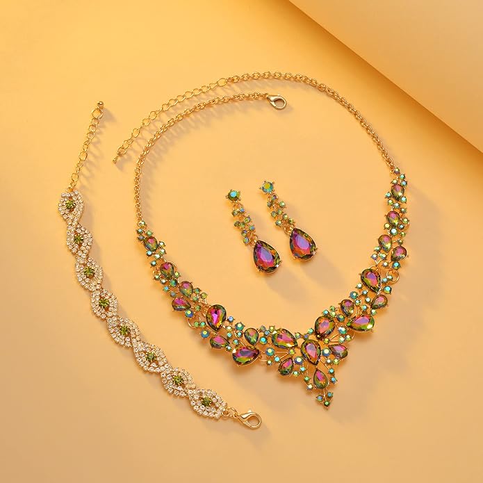 3/4 Pieces Women Jewelry Set Artificial Rhinestone Crystal Bride Statement Choker Necklace Tiara Crown Link Bangle Bracelet Teardrop Dangle Earrings Set