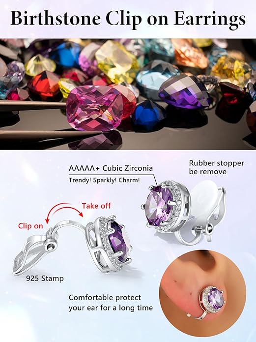Silvora 925 Silver 8MM Cubic Zirconia Birthstone Clip On Stud Earrings Round Non Pierced Earrings For Women,Come with Box