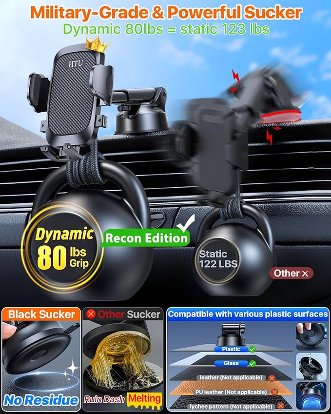HTU [True Military-Grade] 2025 Upgraded Car Phone Holder 【Safety Certs & No Smell】 Cell Phone Holder for Car Mount for Dashboard Windshield Air Vent Long Arm Thick Case,Black