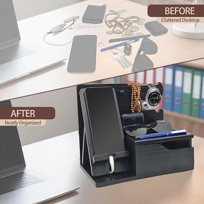 3-in-1 Wood Phone Docking Station Organizer with Drawer & Hidden Charging Hole for Phone, Keys, Glasses & Accessories, for Men (Black, 01)