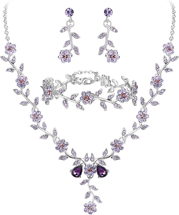 BriLove Women's Wedding Jewelry Leaf Cluster Flower Crystal Dangle Earrings Pendant Necklace Set for Bridal