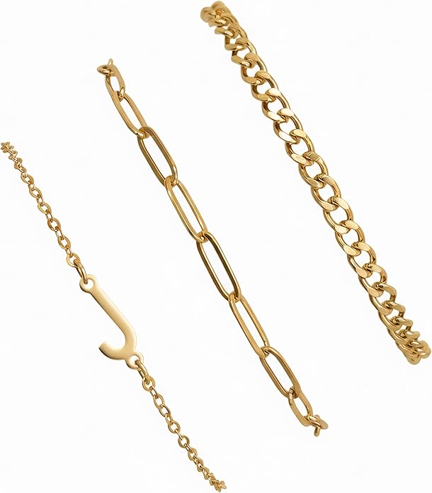 14K Gold Plated Bracelets for Women, A–Z Initial Charm Bangles Jewelry Set, Elegant Gold Accessories, Friendship Bracelet Gifts for Mom
