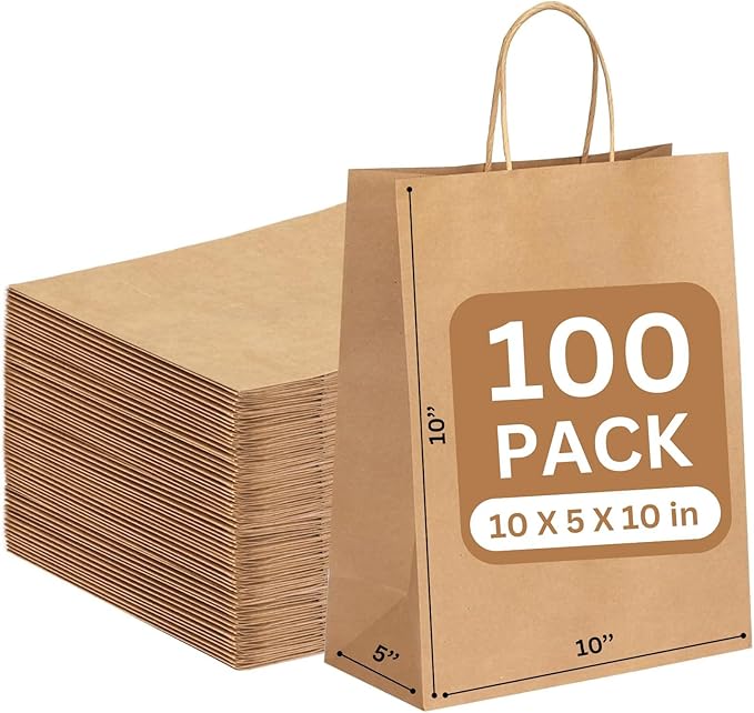 JET PAPER BAGS - 10”x5”x10” Inch [100 Pcs] Brown Paper Bags with Handles Prime for Takeout, Grocery, Goody, Retail, Party, Gifts, Weddings - Recyclable Kraft Paper Gift Bags with Handles