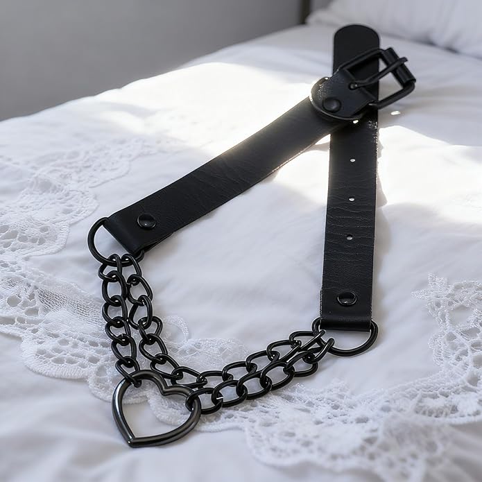 Goth Heart Chain Choker Necklace, Gothic Punk Grunge Emo Necklace, PU Leather Choker, Halloween Jewelry Gifts for Women