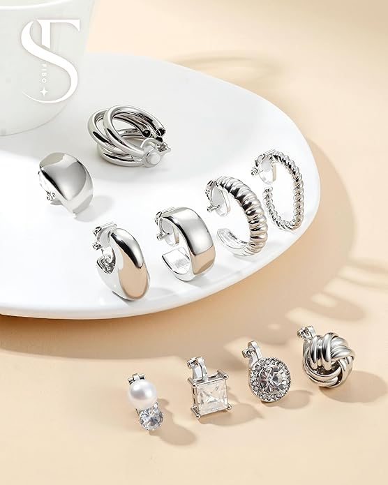FIBO STEEL 10 Pairs Clip On Earrings for Women Non Pierced Ears CZ Pearl Knot Twist Chunky Hoop and Studs Earring Set Ear Clips Jewelry 14K Gold Plated