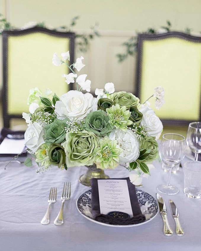 Rose Artificial Flowers White Fake Flower Bulk for DIY Wedding Bouquet Bridal Baby Shower Decorations Party Table Centerpieces Cake Decorating Silk Floral Arrangement Home Decor Indoor Green