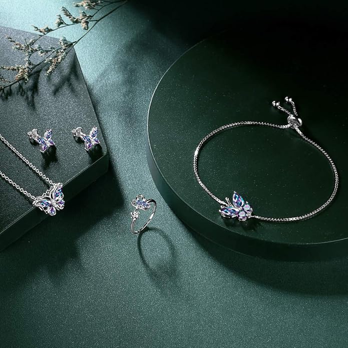 925 Sterling Silver Birthstone Butterfly Jewelry Women Crystal Animal Cute Butterflies Birthday Necklace/Earring/Ring/Bracelet Sets Birth Stone Statement Anniversary Jewellery