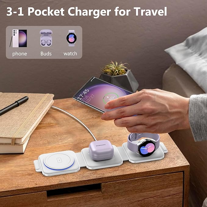 Travel Charger for Samsung Multi Devices, Foldable 3 in 1 Wireless Charging Station Fast Charging Stand/Pad Compatible for Samsung Galaxy S25/S24/S23/S22/S21/Note20 Galaxy Watch8/7/6/5/4/Galaxy Buds4