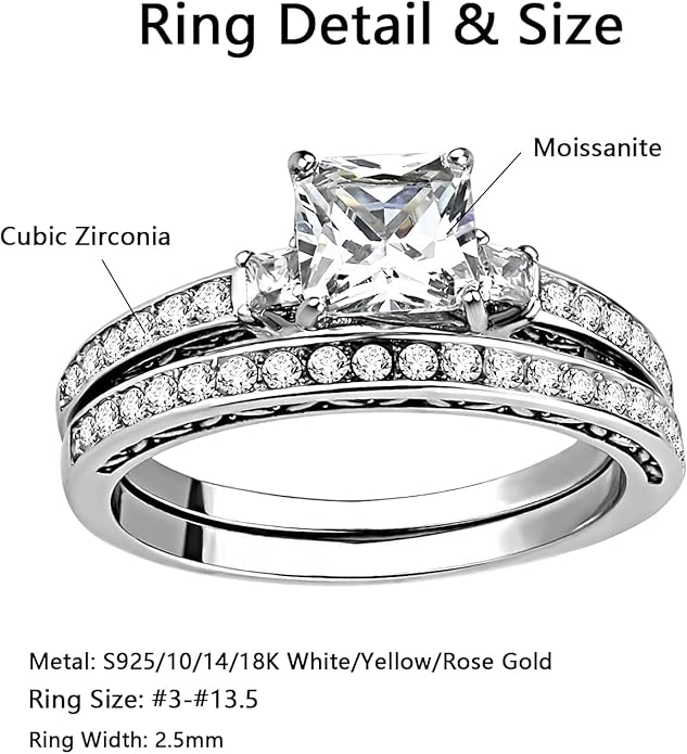 1 to 5 Carat Moissanite Ring Set S925/10K/14K/18K Gold, Princess Cut VVS1 Clarity D Color Moissanite Engagement Rings Set Luxury Bridal Jewelry Wedding Gifts for Women