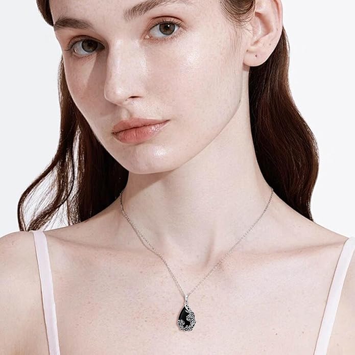 Black Onyx Necklace 925 Sterling Silver Flower Insect Pendant Teardrop Onyx Jewelry Valentines Day Birthday Gifts for Women