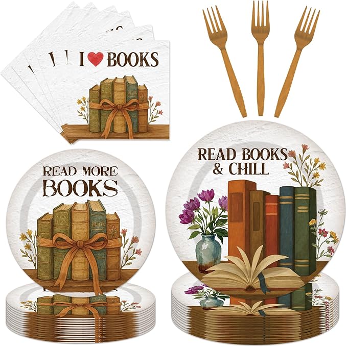 96 Pcs Vintage Book Theme Decoration Disposable Tableware Set - Book Club Birthday Party Paper Plates Napkins Forks Library Reading Birthday Baby Shower Party Supplies for Serve 24 Guests