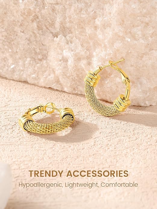 KeyStyle Mesh Hoop Earrings for Women, Stainless Steel Gold Hoops Earring Lightweight Loops, 2MM Thick Hypoallergenic Circle Endless Hollow Hoop 20mm-80mm