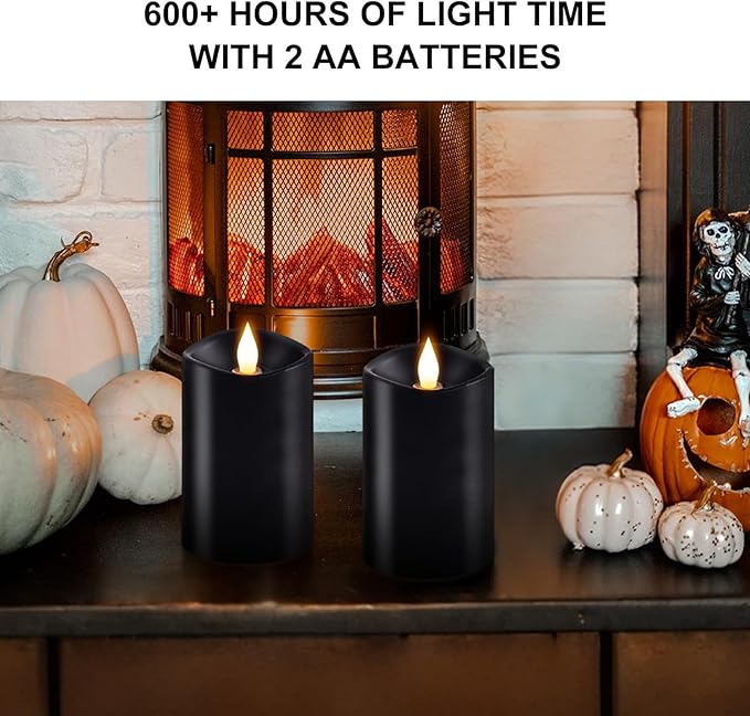 2PCS, 3 x 5 inches Flameless Candle with Remote Control, 3D Flickering Wick, Real Wax Pillar LED Candles, Battery Operated Candles,with Timer,for Holiday Home Decor, Black