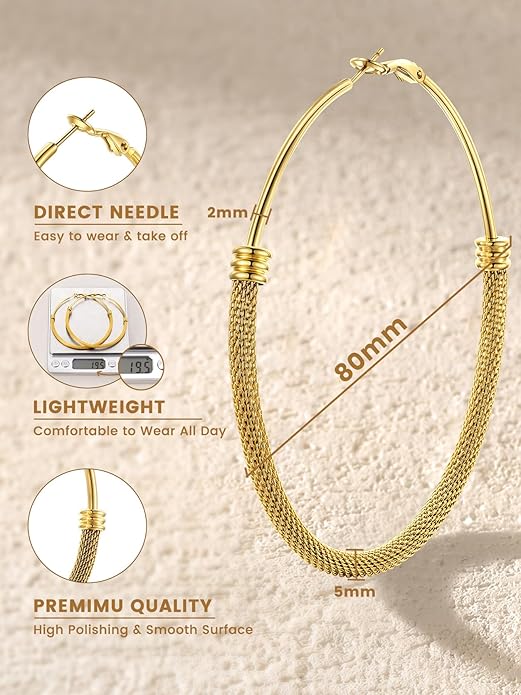 KeyStyle Mesh Hoop Earrings for Women, Stainless Steel Gold Hoops Earring Lightweight Loops, 2MM Thick Hypoallergenic Circle Endless Hollow Hoop 20mm-80mm