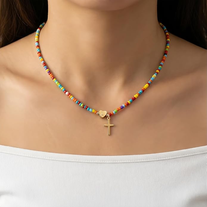 Colorful Initial Cross Necklace for Girls Women Kids - Teen Girls Gifts Trendy Stuff Beaded Letter Cross Choker Necklace for Girls Gifts Jewelry