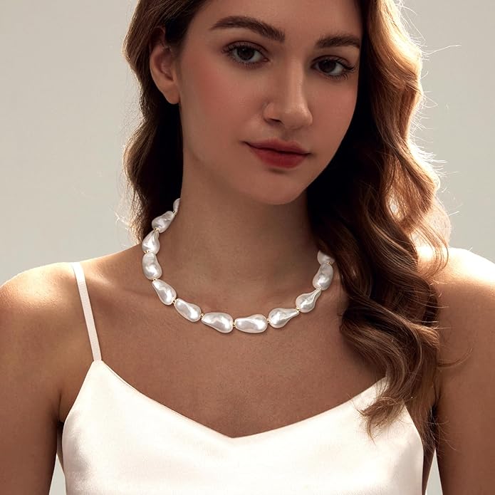 Zeffy 14K Gold/Silver Plated Chunky Thick Chain Toggle Clasp Necklace Dainty Baroque Pearl/Heart/Cross/Turquoise Pendant Necklace