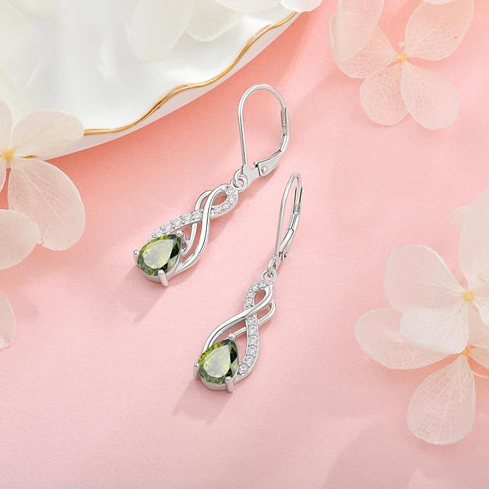 Infinity Love Birthstone Earrings for Women 925 Strling Silver 5A Cubic Zirconia Dangle Drop Leveback Earrings Jewelry Birthday Christmas Day Gifts for Her