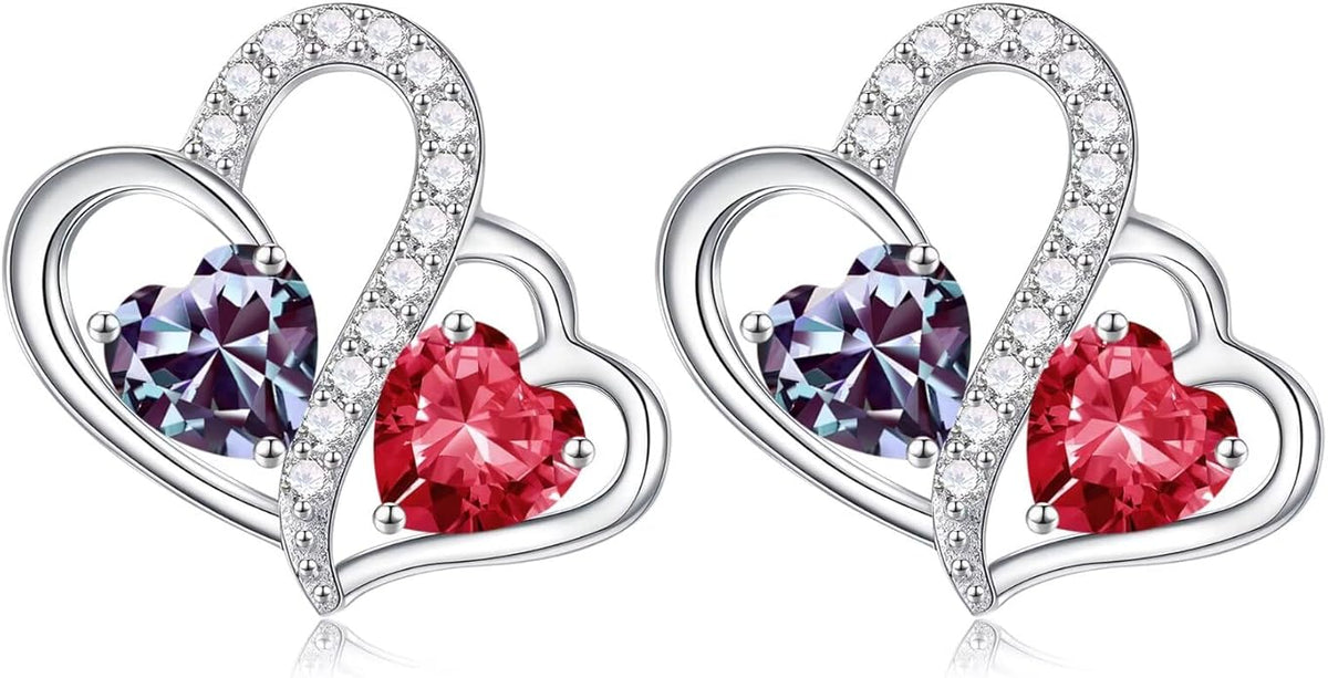 Iefil Valentines Day Gifts for Her - Birthstone Earrings Gift for Women, 925 Sterling Silver Double Heart Birthstone Earrings | Anniversary Birthday Gifts for Women, Personalized Jewelry for Wife Mom