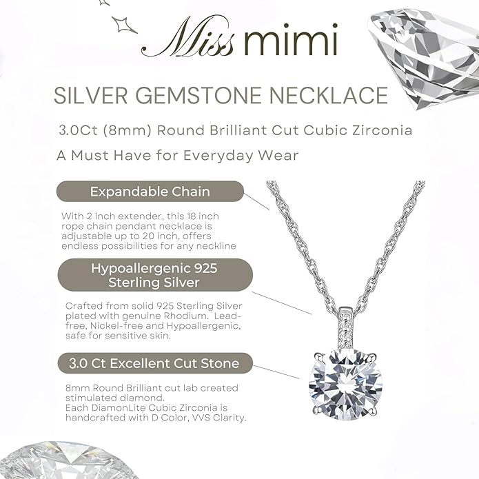 MISS MIMI Solitaire Cubic Zirconia Necklace for Women, 1–3 CT Round,Heart,Princess Cut CZ Options, Bezel or Prong Set in 925 Sterling Silver, Adjustable 16–20" Minimalist Everyday Jewelry