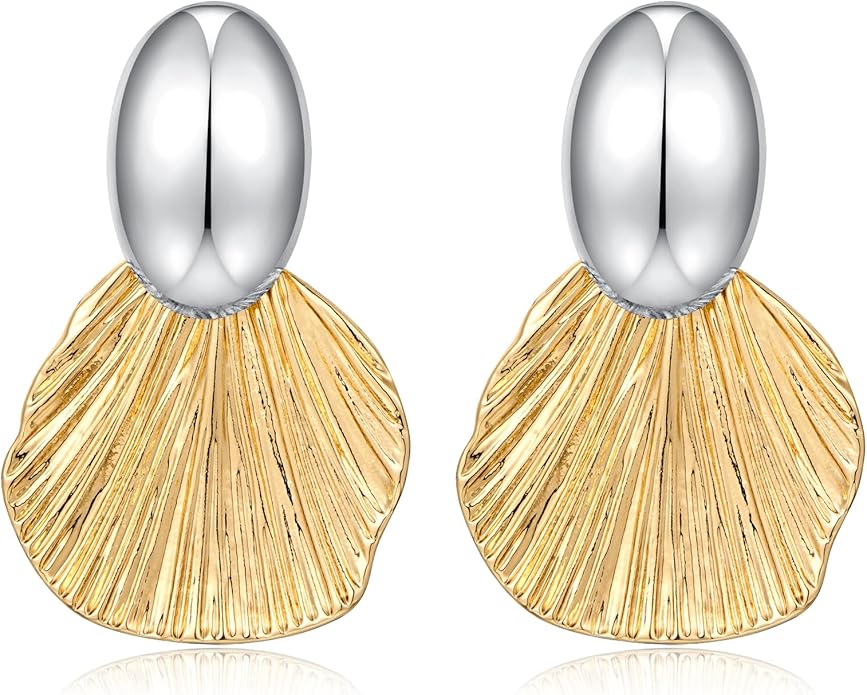 Gold Plated Earrings Dangle Chunky Fan-shaped Earrings Shell Earring for Women Two-Tone Fashion Statement Jewelry
